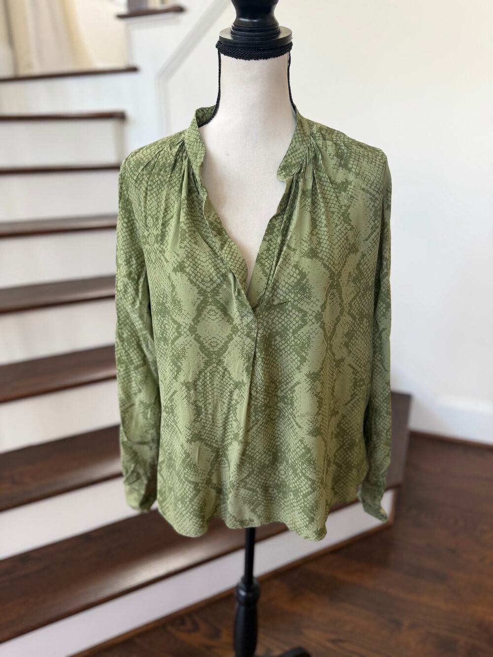Zadig & Voltaire Olive Green Snakeskin Print Long Sleeve V-Neck Blouse